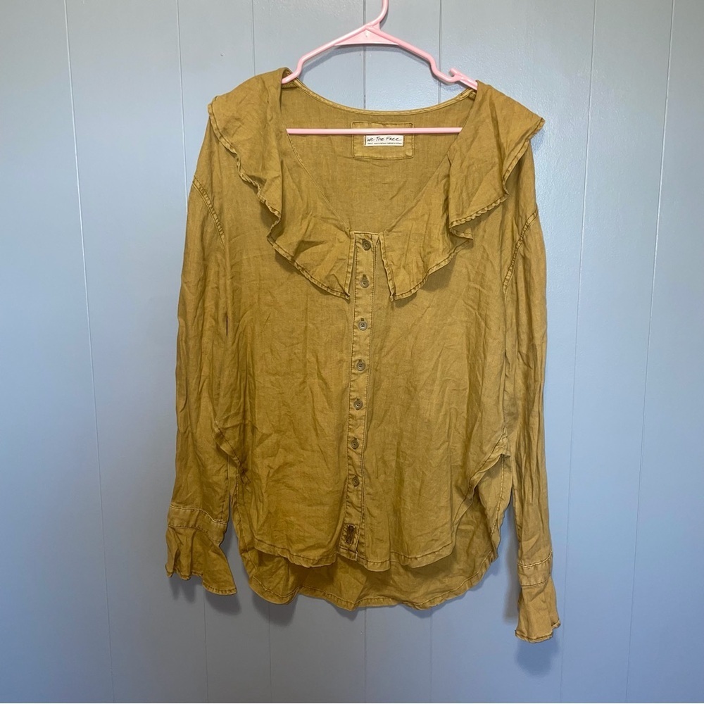 Free People We the Free Amber Ruffle Neck Long Sleeve Blouse Mustard Yellow Gold